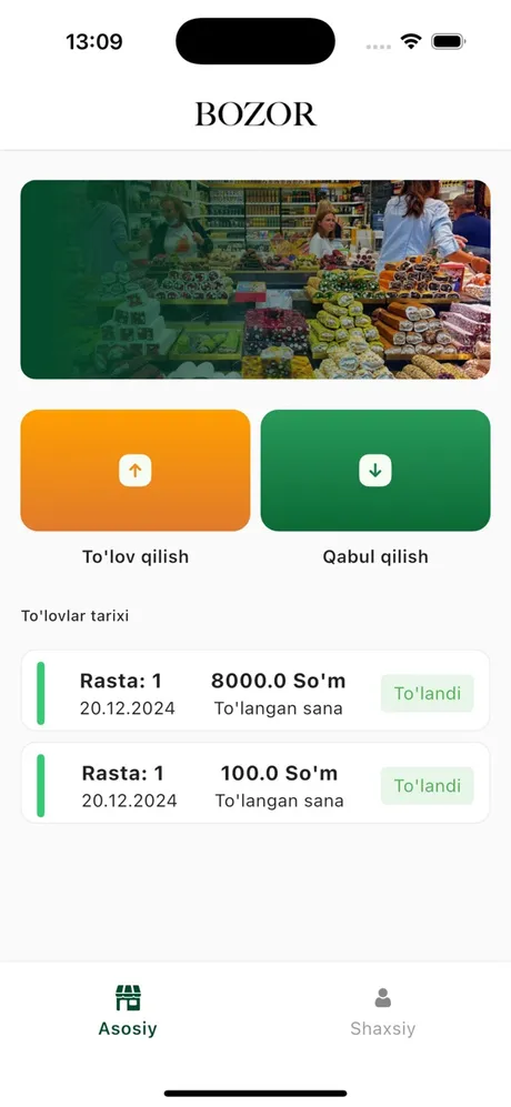 Raqamli Bozor ilovasining bosh sahifasi: toʻlovlar va toʻlovlar tarixi